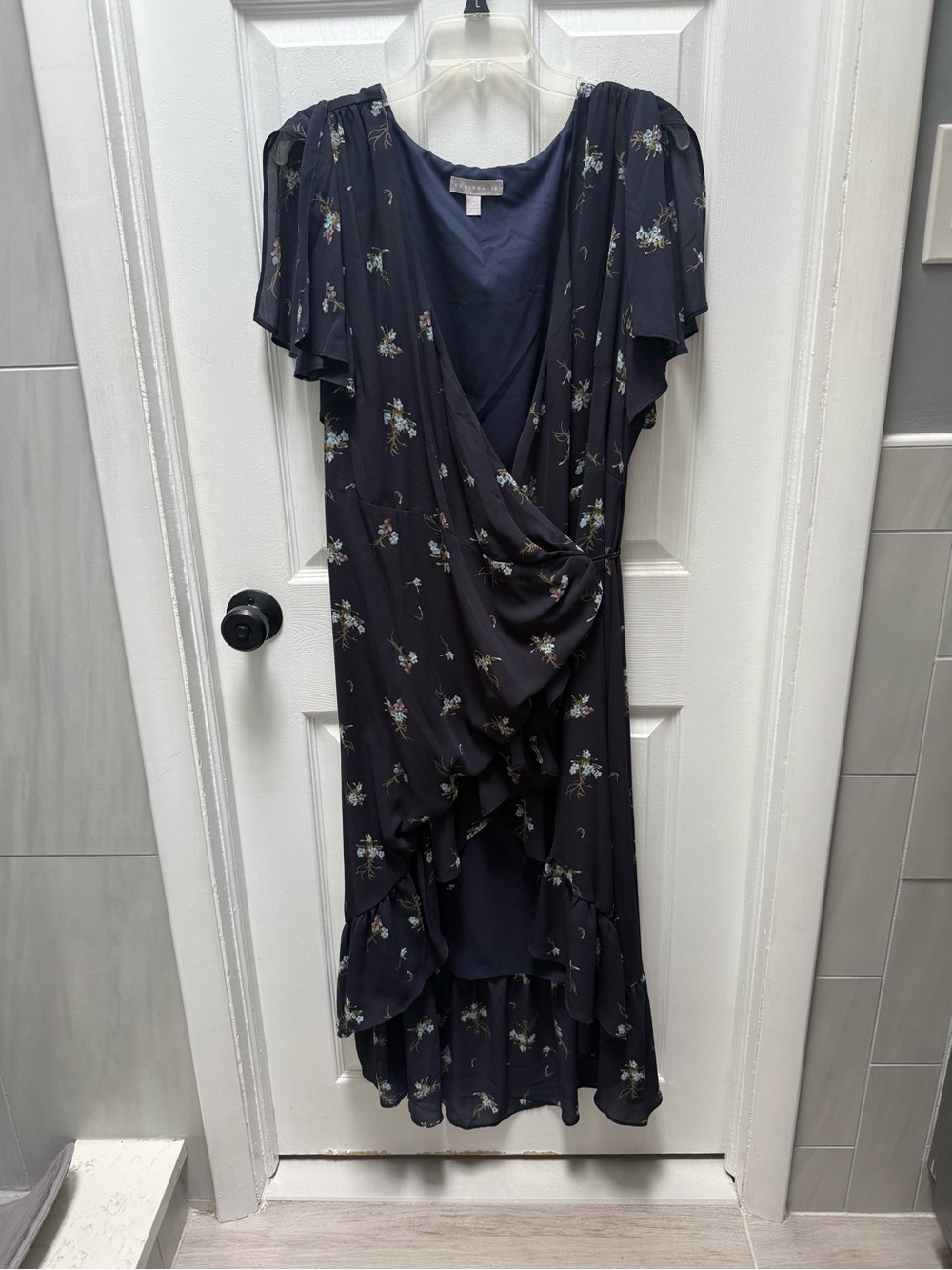 Chelsea28 Navy Floral High-Low Wrap Dress with Ruffle Hem